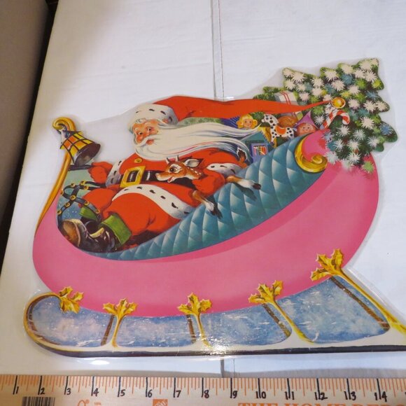Santa & (8) Reindeer LAMINATED printed on cardboard. 1980s or older display - Picture 2 of 7